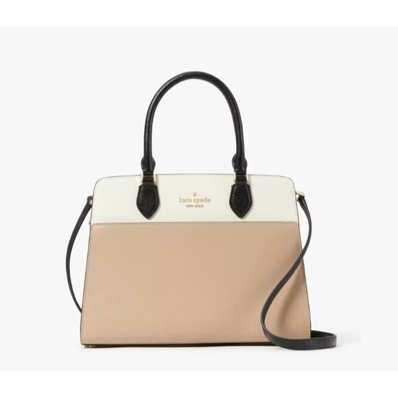 Kate Spade Womens Tan Black Leather Madison Top Zip Medium Satchel Handbag New